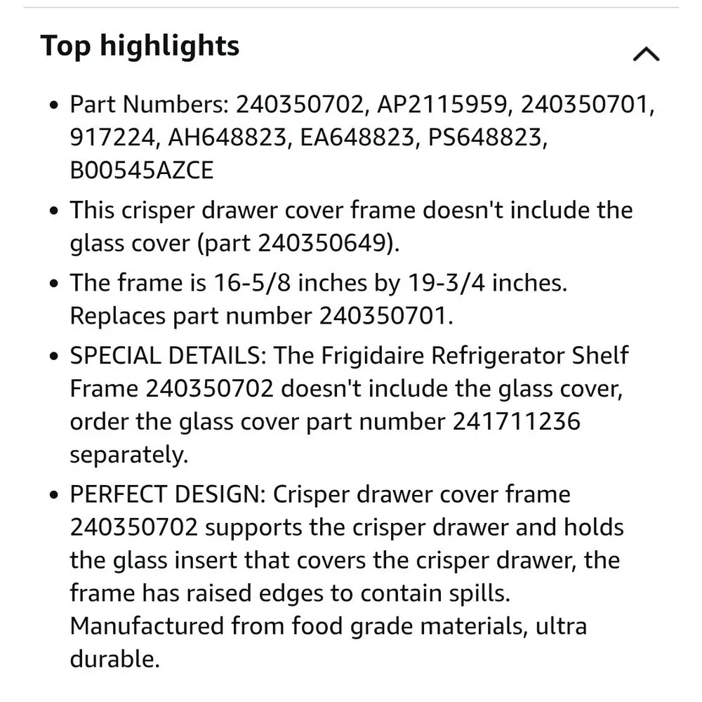 240350702‎ Refrigerator Upper Crisper Pan Cover